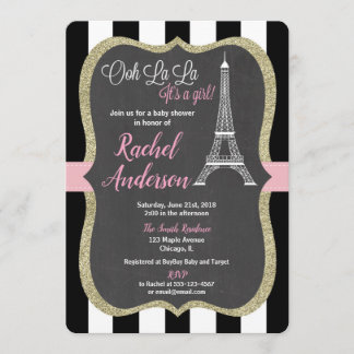 パリのベビーシャワーの招待の女の子の黒板のピンク 招待状