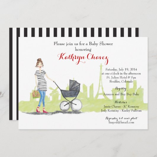 パリのママ: フランステーマのベビーシャワーの招待 招待状 (正面/裏面)