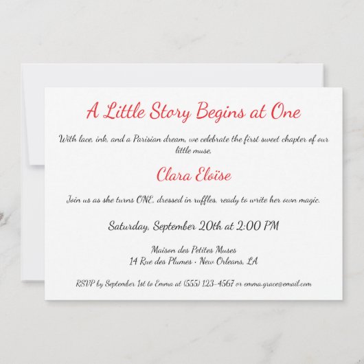 パリのラッフルドレスライターのスタジオ1歳の誕生日 招待状 (裏面)