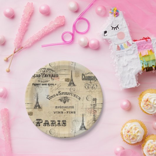 パリのラベルのコラージュのフランスのな郵便はがきの紙皿 ペーパープレート (パーティー)