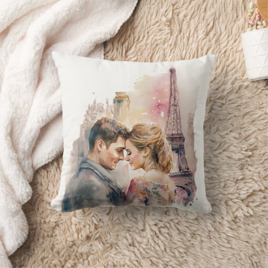 パリのロマンチックな水彩画のカップルたち クッション (ブランケット)