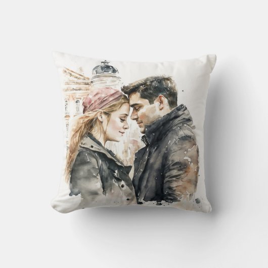 パリのロマンチックな水彩画のカップル - バレンタイン クッション (正面)