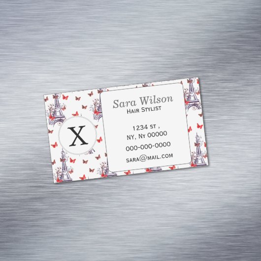 パリのロマンチックパープルエッフェルタワー蝶 マグネット名刺 (インサイチュ)