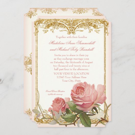 パリのヴィンテージのばら色の領主の邸宅のフォーマルな結婚式 招待状 (正面/裏面)