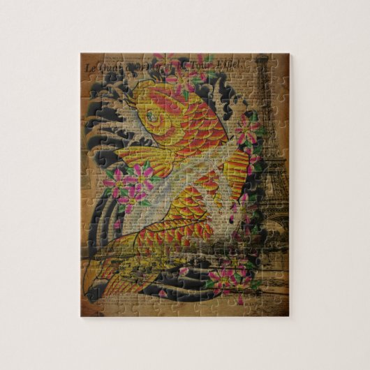 パリのヴィンテージの入れ墨の日本のコイの魚 ジグソーパズル (縦)