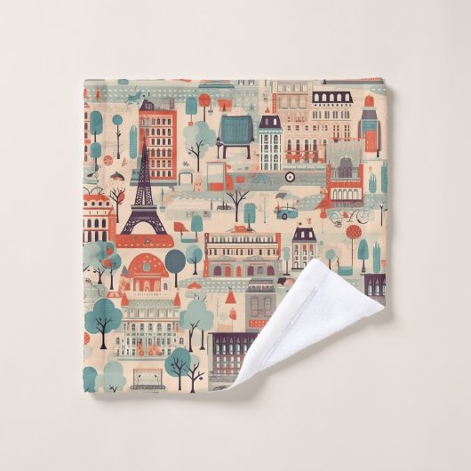 パリのヴィンテージの日 – ベージュ、緑、赤 バスタオルセット (ウォッシュタオル)