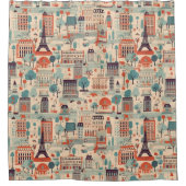 パリのヴィンテージデザイン – ベージュ、赤、緑 シャワーカーテン (正面)