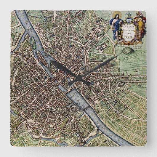 パリの地図の1657年のSeine川の旧式なヴィンテージフランス スクエア壁時計 (正面)