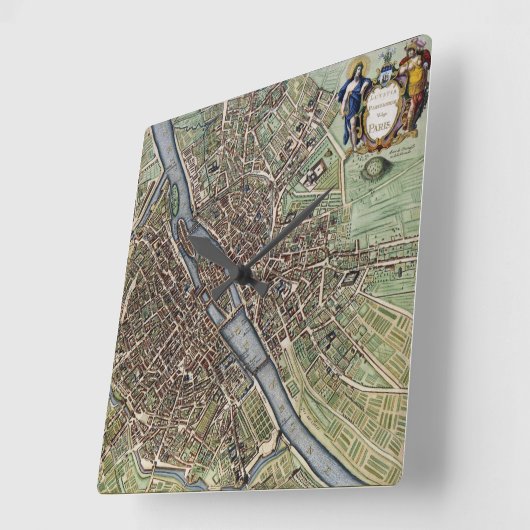 パリの地図の1657年のSeine川の旧式なヴィンテージフランス スクエア壁時計 (傾斜)