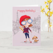パリの女の子と小犬ハッピーバースデー カード (黄色い花)