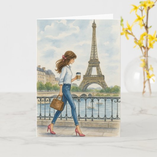 パリの女の子 カード (黄色い花)