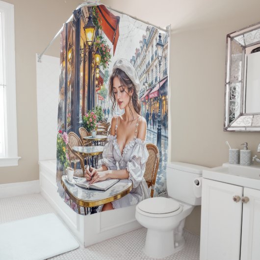 パリの女性エレガンス:パリカフェ通りビベス シャワーカーテン (インサイチュ)
