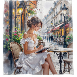 パリの女性エレガンス：パリカフェ通りビベス シャワーカーテン