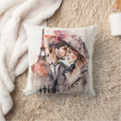 パリの水彩画のようなかわいいロマンチックなカップル クッション (ブランケット)