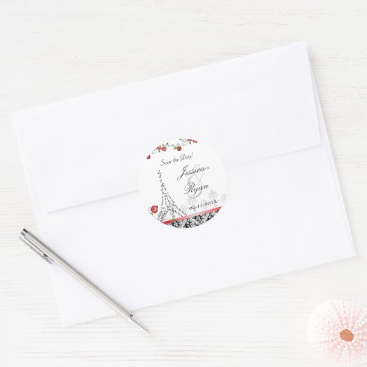 パリの白黒の赤のクリスマスを結婚する日付を救って下さい ラウンドシール (封筒)