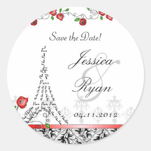 パリの白黒の赤のクリスマスを結婚する日付を救って下さい ラウンドシール