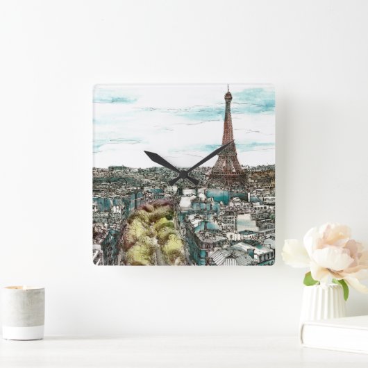 パリの眺めの行先|のヴィンテージのエッフェル塔 スクエア壁時計 (ホーム)