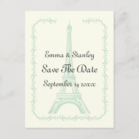 パリの結婚ミントエッフェルタワー日付を保存 案内ポストカード (正面)