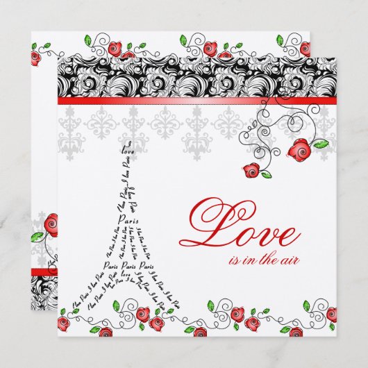 パリの結婚式招待状 赤いバラ シルバー ブラック ホワイト 招待状 (正面/裏面)