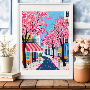パリの街の桜の花のカフェの壁画 ポスター