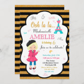 パリの誕生日の招待ガールエッフェルタワー招待状 招待状 (正面/裏面)