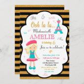 パリの誕生日の招待ガールエッフェルタワー招待状 招待状 (正面/裏面)