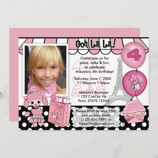 パリの誕生日の招待状のピンクのプードル 招待状 (正面/裏面)