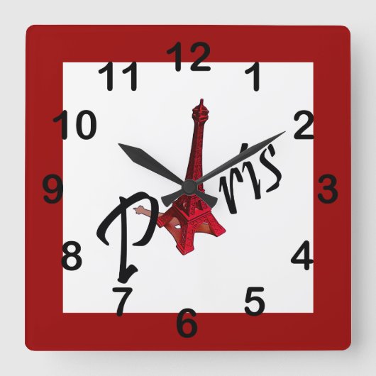 パリの赤いエッフェル塔 スクエア壁時計 (正面)