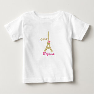 パリの金のエッフェル塔とピンクのバラのカスタムデザイン ベビーTシャツ
