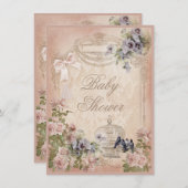 パリの鳥かご、鳥と花の赤ちゃんシャワー 招待状 (正面/裏面)