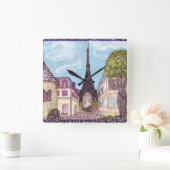 パリはエッフェル塔の時計との都市景観をインスパイア スクエア壁時計 (ホーム)