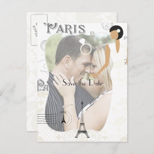 パリをテーマにしたホワイトウェディング日付を保存して写真を追加 案内ポストカード (正面/裏面)
