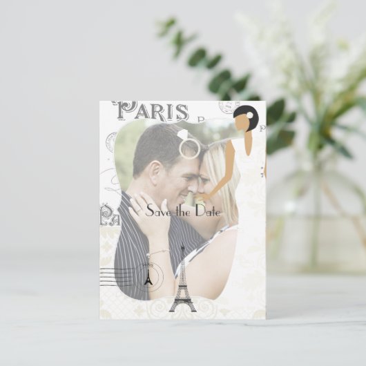パリをテーマにしたホワイトウェディング日付を保存して写真を追加 案内ポストカード (スタンド正面)