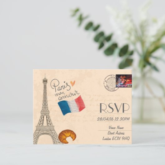 パリをテーマにした写真付き結婚式出欠確認招待状 ポストカード (スタンド正面)