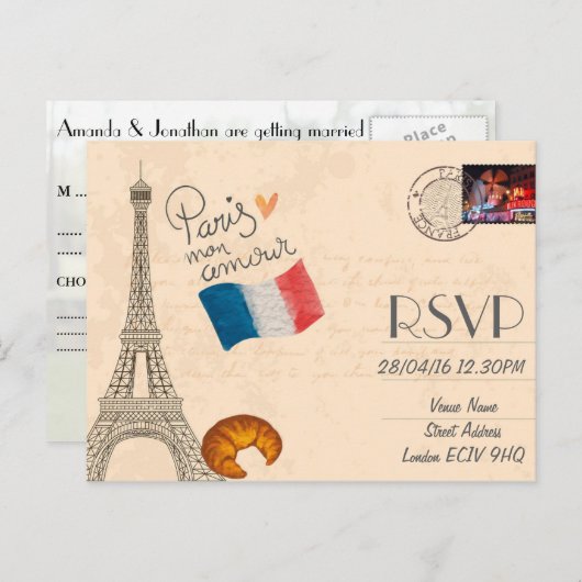 パリをテーマにした写真付き結婚式出欠確認招待状 ポストカード (正面/裏面)