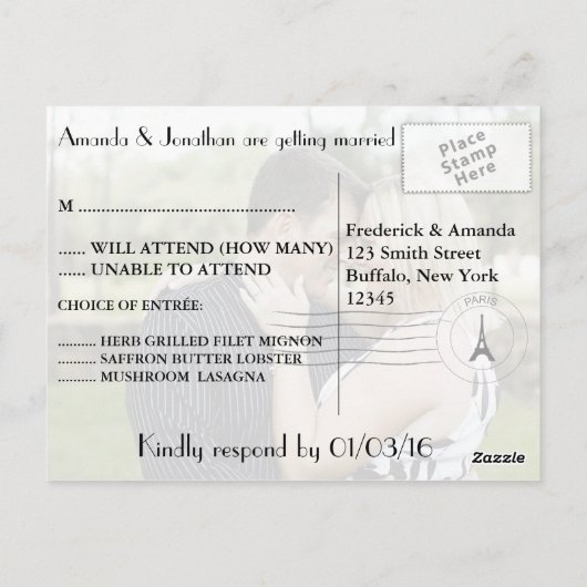 パリをテーマにした写真付き結婚式出欠確認招待状 ポストカード (裏面)