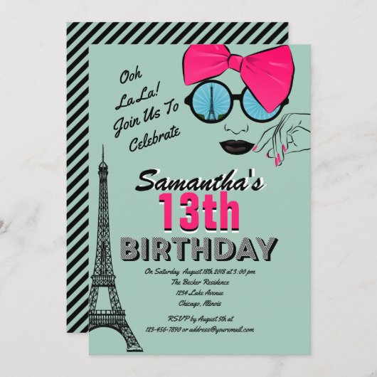 パリをテーマにした誕生日招待状カード 招待状 (正面/裏面)