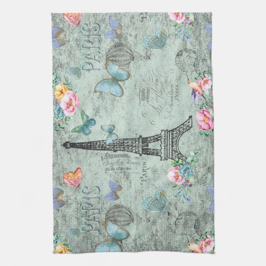 パリエッフェルのタワー花花柄ヴィンテージバラ キッチンタオル (縦)