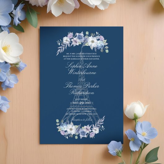 パリエッフェルタワーウォーターカラーフローラネイビー結婚ズ 招待状