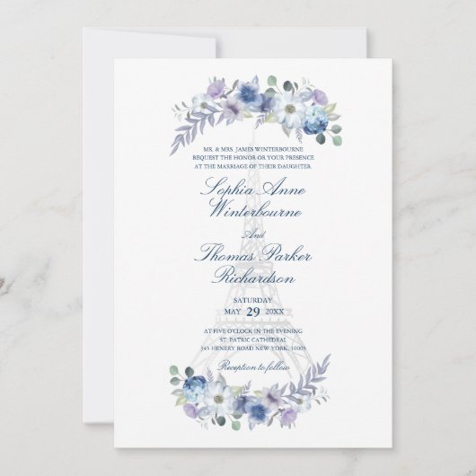 パリエッフェルタワーウォーターカラーフローラホワイト結婚ズ 招待状 (正面)