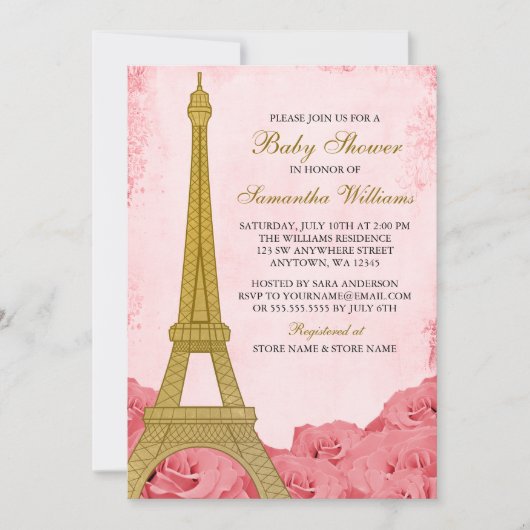 パリエッフェルタワーバラピンク金ゴールドベビーシャワー 招待状 (正面)