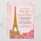 パリエッフェルタワーバラピンク金ゴールドベビーシャワー 招待状 (正面/裏面)