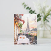 パリエッフェルタワーバルコニーウォーターカラーアートトラベル ポストカード (スタンド正面)