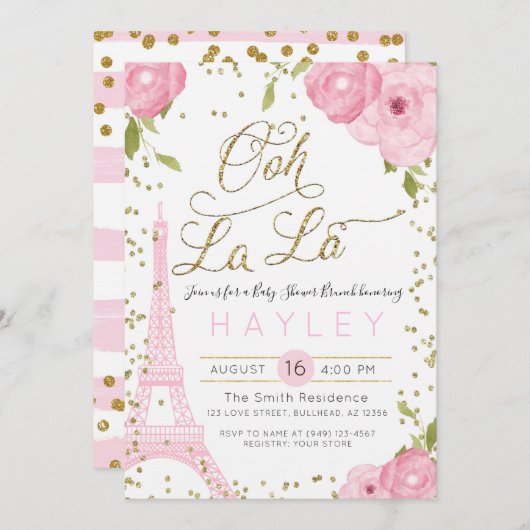 パリエッフェルタワーピンク金ゴールドベビーシャワー 招待状 (正面/裏面)