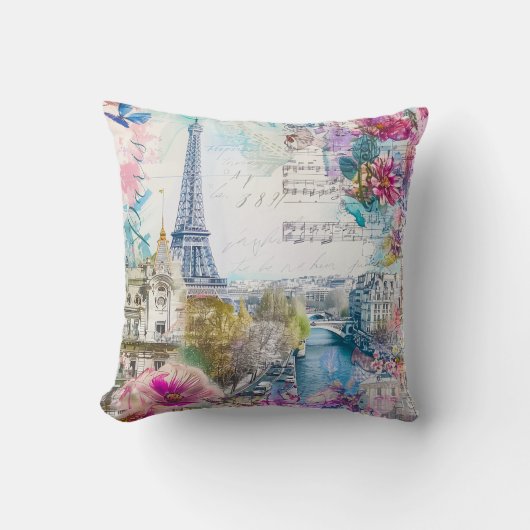 パリエッフェルタワーフラワーズコラージュトラベルアート クッション (正面)