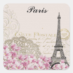 パリエッフェルタワーフランスヴィンテージピンクの花 スクエアシール