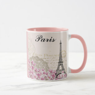 パリエッフェルタワーフランスヴィンテージピンクの花 マグカップ