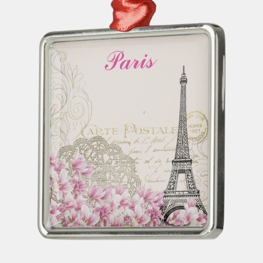 パリエッフェルタワーフランスヴィンテージピンクの花 メタルオーナメント (左)