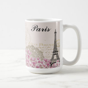 パリエッフェルタワーフランスヴィンテージピンクフラワーズ コーヒーマグカップ