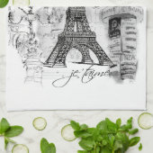 パリエッフェルタワーブラック&ホワイトコラージシーン キッチンタオル (折り畳み)